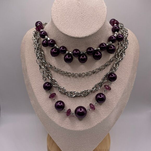 Paparazzi Women's Vintage Appraisal Purple Pearl Layering Necklace & Earring Set - Picture 10 of 12